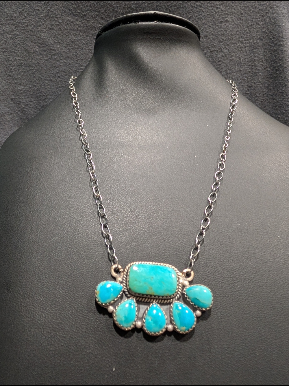 Turquoise Stone Sterling Silver. Pendant Necklace - Blue